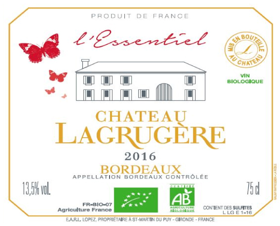 Chateau Lagrugere Bordeaux Rouge 2020 " Organic"